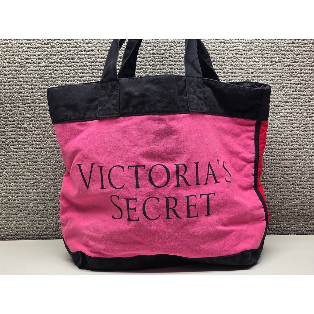 Victorias Secret Canvas Tote Bag Pink Red Black Logo Colorblock Large Handbag